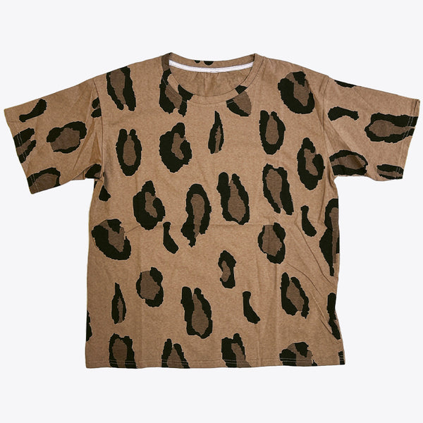 ヒョウ柄大き目】シンプルTシャツ（ダークブラウン/ブラウン