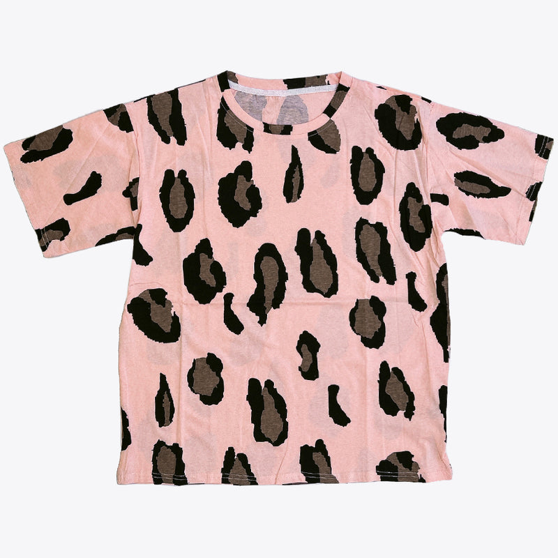【ヒョウ柄大き目】シンプルTシャツ（ピンク/ブラウン）
